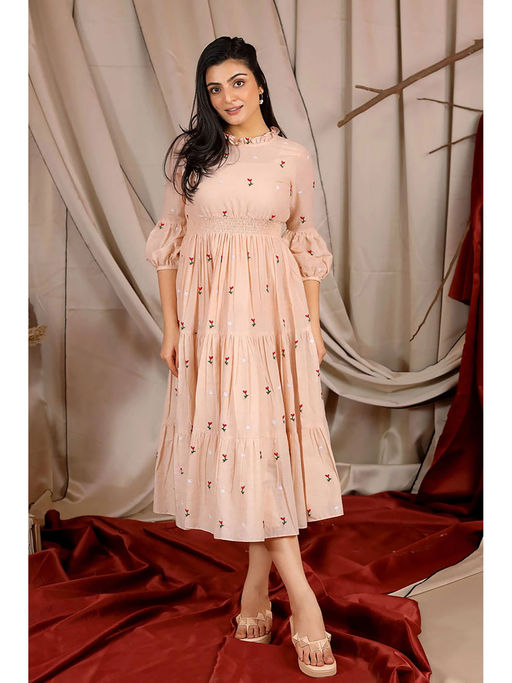 Buy Bullion knot Peach Dahlia Summer Midi Dress with Inner (Set of 2) (S) Online Buy Bullion knot Peach Dahlia Summer Midi Dress with Inner (Set of 2) (S) Online