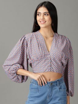 SHOWOFFFF - Womens Three-Fourth Sleeves V-Neck Navy Blue Printed Top