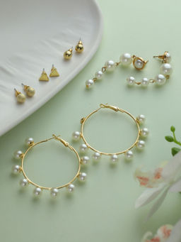 Priyaasi - Pearl Rose Gold Plated Studs & Hoop Earrings Set of 8