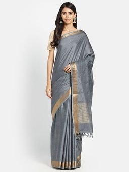 Fabindia - Grey Silk Blend Woven Saree without Blouse