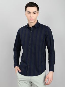 Monte Carlo - Men Navy Blue Regular Fit Stripes Collar Shirt