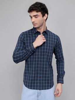 Monte Carlo - Men Navy Blue Regular Fit Checkered Collar Neck Shirt