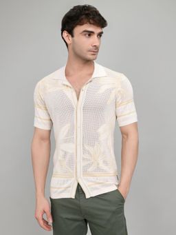 Monte Carlo - Men Beige Slim Fit Self Design Collar Shirt
