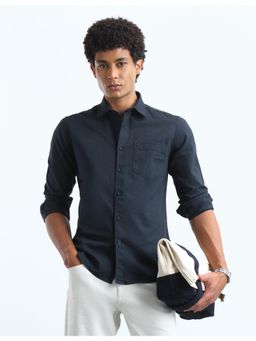 Flying Machine - Men Navy Blue Solid Oxford Slim Fit Shirt