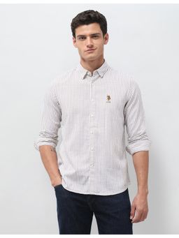 U.S. Polo Assn. Denim Co. - Men Beige-White Vertical Striped Seersucker Shirt