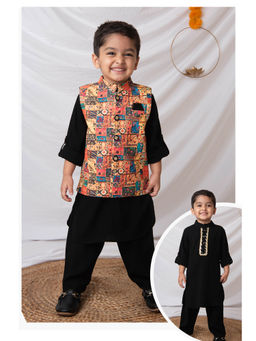 Little Collars - Black Folk Embroidered Ethnic Jacket With Kurta & Pajama