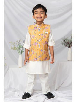 Little Collars - Floral Printed Kurta With Nehru Jacket & Pajama, Brooch - Yellow