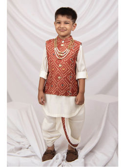 Little Collars - Silk Blended Kurta With Dhoti & Nehru Jacket, Necklace - Brick