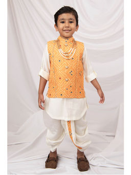 Little Collars - Silk Blended Kurta With Dhoti & Nehru Jacket, Necklace - Yellow