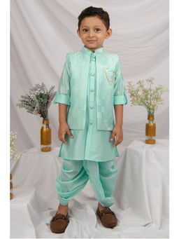 Little Collars - Blended Silk Embroidered Kurta With Dhoti & Nehru Jacket, Brooch - Blue