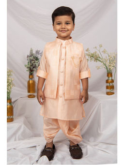 Little Collars - Blended Silk Embroidered Kurta With Dhoti & Nehru Jacket, Brooch - Peach