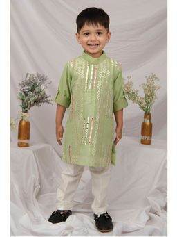 Little Collars - Blended Chiffon Georgette Embroidered Kurta & Pajama - Green