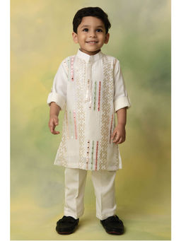 Little Collars - Blended Chiffon Georgette Embroidered Kurta & Pajama - Off White