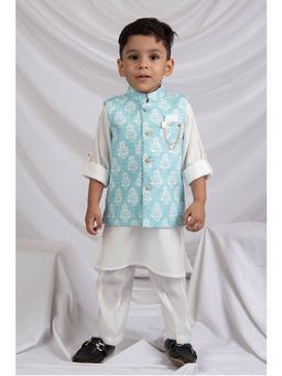 Little Collars - Silk Printed Kurta With Pajama & Nehru Jacket, Brooch - Green