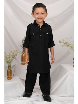 Little Collars - Blended Woven Full Sleeves Solid Kurta & Pajama - Black