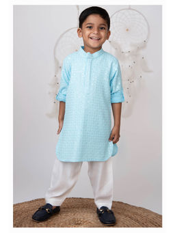 Little Collars - Silk Blended Full Sleeves Embroidered Kurta & Pajama - Green