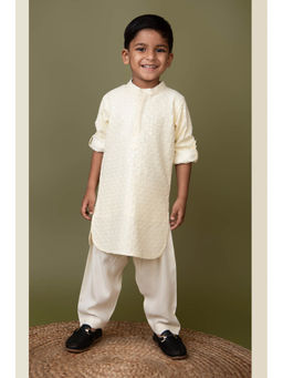 Little Collars - Silk Blended Full Sleeves Embroidered Kurta & Pajama - Off White