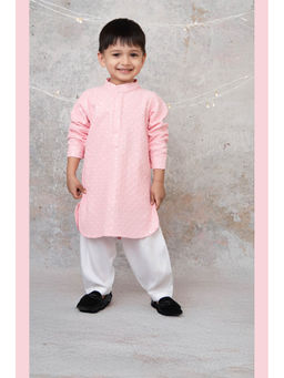 Little Collars - Silk Blended Full Sleeves Embroidered Kurta & Pajama - Pink