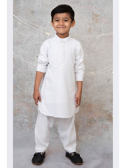Little Collars - Silk Blended Full Sleeves Embroidered Kurta & Pajama - White