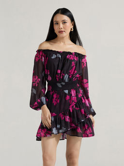 Twenty Dresses by Nykaa Fashion - Black Floral Off Shoulder Puff Sleeves Mini Dress