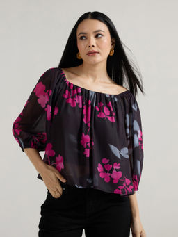 Twenty Dresses by Nykaa Fashion - Black Floral Square Neck Puff Sleeves Top
