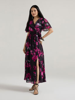 Twenty Dresses by Nykaa Fashion - Black Floral V-Neck Flared Sleeves Maxi Dress