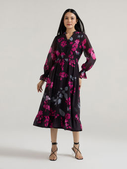 Twenty Dresses by Nykaa Fashion - Black Floral Mandarin Collar Full Puff Sleeves Midi Dress