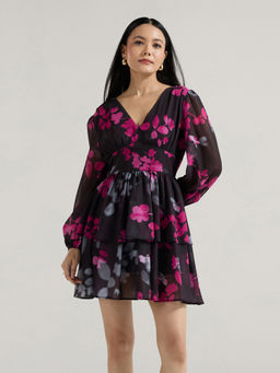 Twenty Dresses by Nykaa Fashion - Black Floral V-Neck Full Puff Sleeves Mini Dress