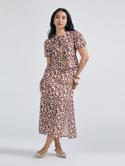 Twenty Dresses by Nykaa Fashion - Beige Animal Printed Tie Up Detail A Line Co Ord Set