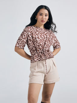 Twenty Dresses by Nykaa Fashion - Beige Animal Printed Round Neck Waist Tie Up Crop Top