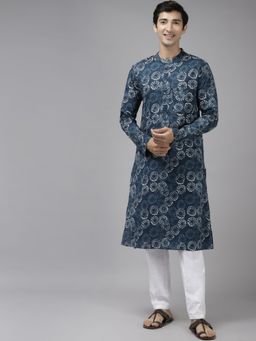 See Designs - Men Blue & Off White Printed Straight Kurta with Pyjama (Set of 2)