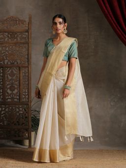 Triyah - Off White and Gold Border Cotton Saree with Unstitched Blouse