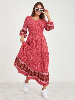 Styli - Red 3/4 Sleeves Floral Print A-line Maxi Dress
