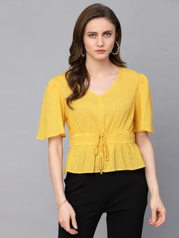 Gipsy - Casual Yellow Cotton Dobby Blouse Top for Women