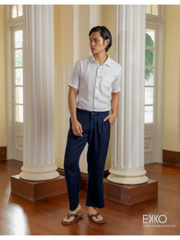 EKKO - Men Navy Blue Linen Blend Solid Straight Trouser