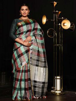 Beatitude - Multicolor Checks Handwoven Linen Saree with Unstitched Blouse