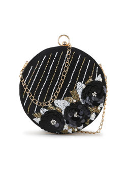 Anekaant - Gala Black, White & Copper Faux Silk Floral Embellished Clutch