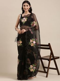 Vastranand - Solid Organza Party Wear Saree With Hand Paint Flower Butta- Black with Unstitched Blouse