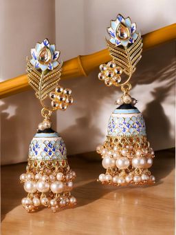 OOMPH - Multi-Color Meenakari Kundan & Pearls in Peacock Jhumki Earrings