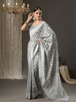Akhilam - Womens Cotton Silk Grey Woven Design Designer Saree with Unstitched Blouse