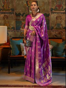 Akhilam - Womens Silk Blend Magenta Woven Designer Saree with Unstitched Blouse
