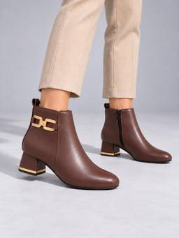 Twenty Dresses by Nykaa Fashion - Womens Ankle Boots with Gold Chain Detail - Brown