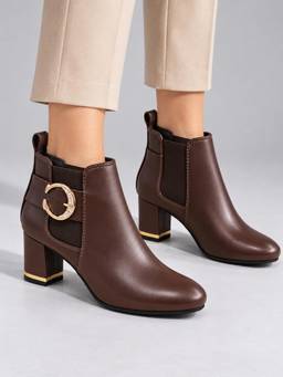 Twenty Dresses by Nykaa Fashion - Womens Embellished Block Heel Ankle Boots - Brown