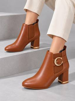 Twenty Dresses by Nykaa Fashion - Womens Embellished Block Heel Ankle Boots - Tan