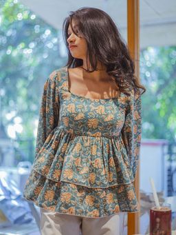 ODHANON - Women Blue Floral Printed Layered Smocked Peplum Top