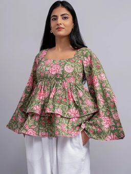 ODHANON - Women Green and Pink Floral Printed Layered Smocked Peplum Top