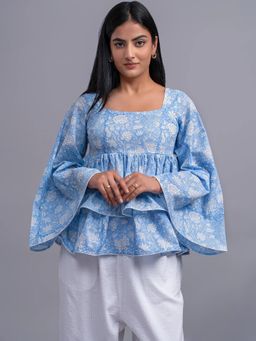 ODHANON - Women Blue and White Floral Printed Layered Smocked Peplum Top
