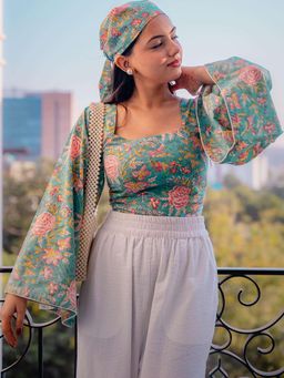 ODHANON - Women Green Floral Hand Block Printed Top