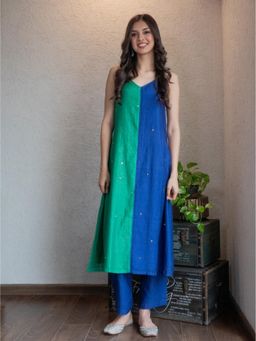 Spring Soul - Green Blue Colour Block Chanderi Kurta with Pant