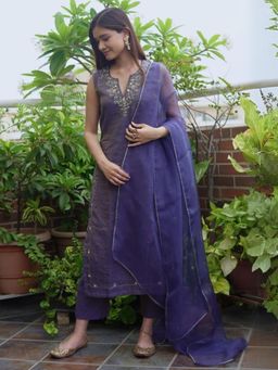 Spring Soul - Purple Metallic Chanderi Kurta with Pant and Dupatta